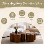 Modern Nesting Coffee Tables Woody Grooved Tea Table Space Saving Center End Side Tables for Living Room Apartment Office Library Cafe Walnut
