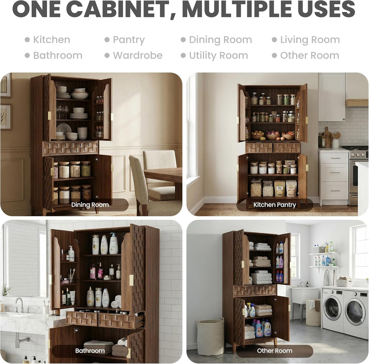 Pantry Cabinet, 71" Tall Pantry Cabinet,Modern Kitchen Cabinet with Doors, Drawers & Adjustable Shelves, Freestanding Food Pantry Cupboard with Side Rack for Kitchen Dining Room,Walnut