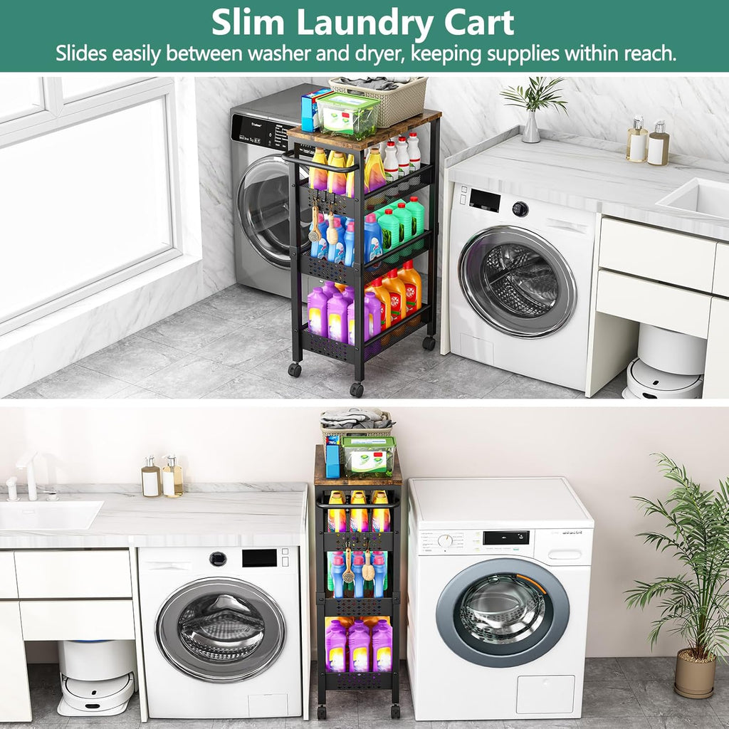 Vivihomety 4-Tier Laundry Utility Rolling Cart with Wheels, Metal | Narrow 8.1" wide, lockable wheels, wood top panel, metal frame, for laundry room, small spaces, pantry, tight gaps, Black