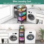 Vivihomety 4-Tier Laundry Utility Rolling Cart with Wheels, Metal | Narrow 8.1" wide, lockable wheels, wood top panel, metal frame, for laundry room, small spaces, pantry, tight gaps, Black