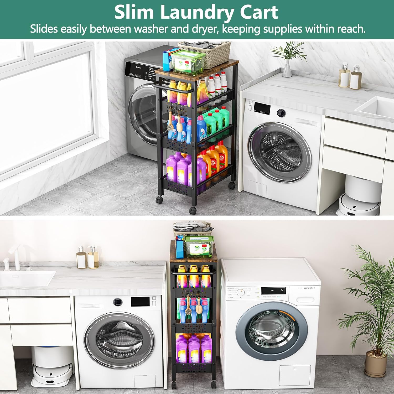 Vivihomety 4-Tier Laundry Utility Rolling Cart with Wheels, Metal | Narrow 8.1" wide, lockable wheels, wood top panel, metal frame, for laundry room, small spaces, pantry, tight gaps, Black