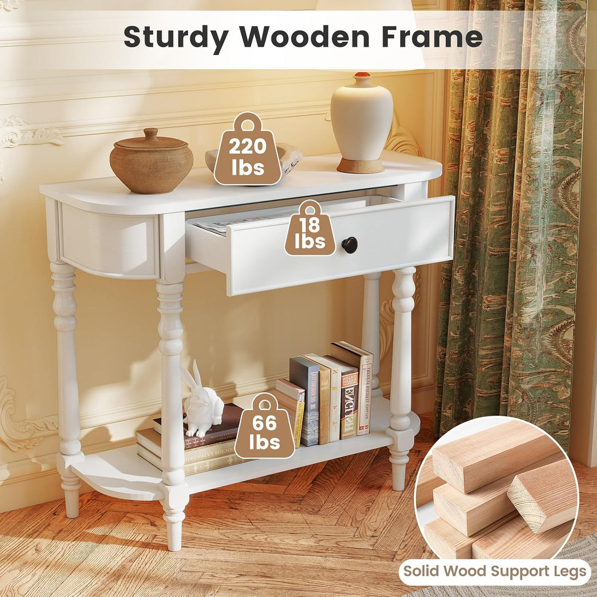 Giantex 2-Tier Narrow Console Table, 36" White Entryway Table with Storage Drawer & Elegant Legs, Wooden Sofa Table with Open Shelf for Living Room, Foyer, Hallway, Bedroom, Entrance
