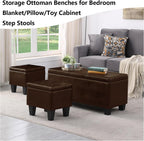 PU Leather Storage Ottomans Set of 3, Tufted Upholstered, Brown | 38 inch Seating Bench, Safety Hinges, No Tools Assembly, Large Store Capacity, Study Wood Frame, Extra Foot Stools