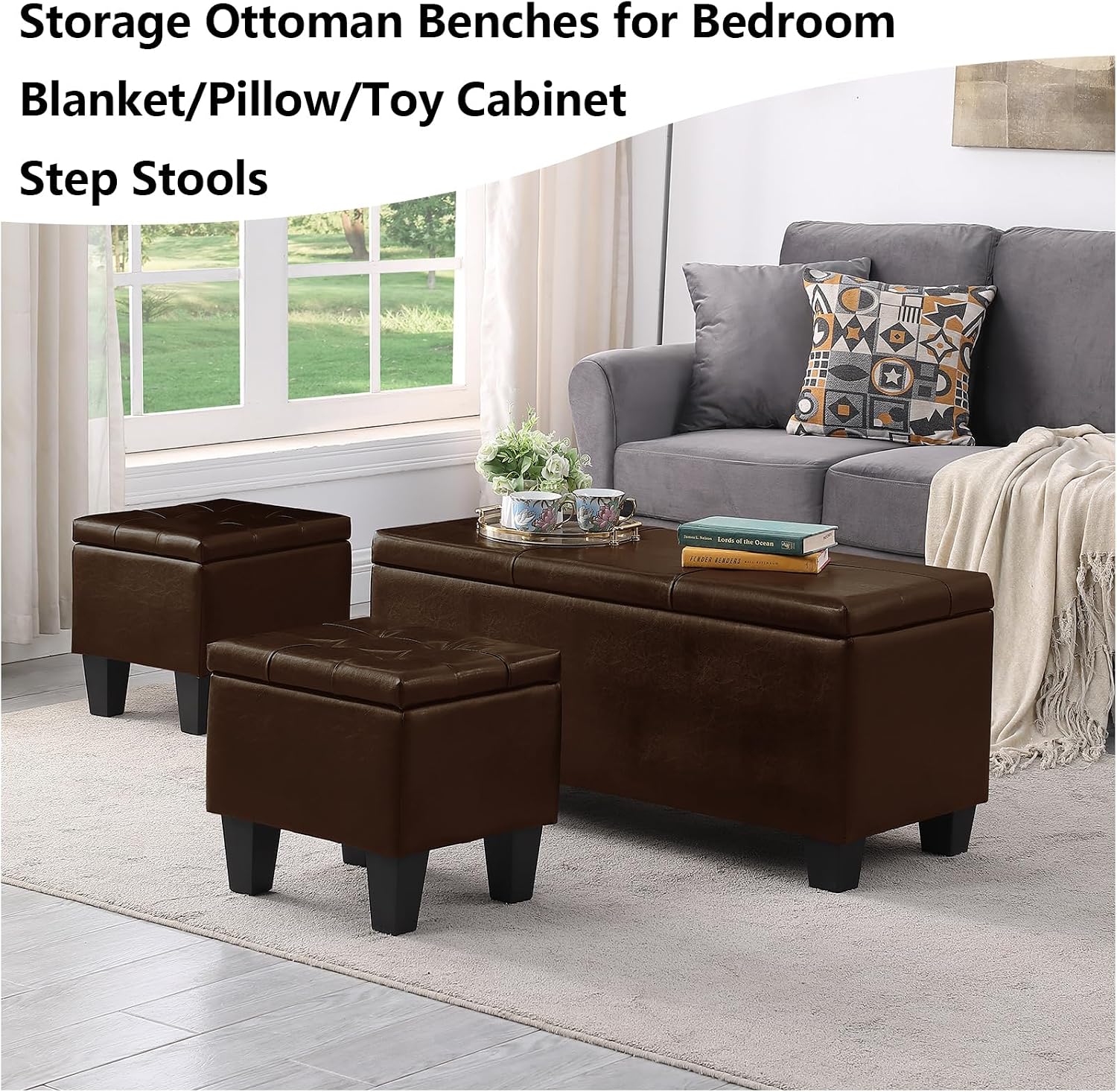 PU Leather Storage Ottomans Set of 3, Tufted Upholstered, Brown | 38 inch Seating Bench, Safety Hinges, No Tools Assembly, Large Store Capacity, Study Wood Frame, Extra Foot Stools