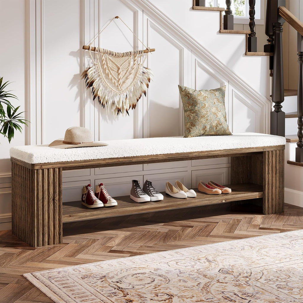 63" Solid Wood Entryway Bench, Farmhouse Upholstered End of Bed Bench with Removable Faux Lambswool Cushion and Fluted Legs, Indoor Long Ottoman for Bedroom, Entryway, Dark Brown
