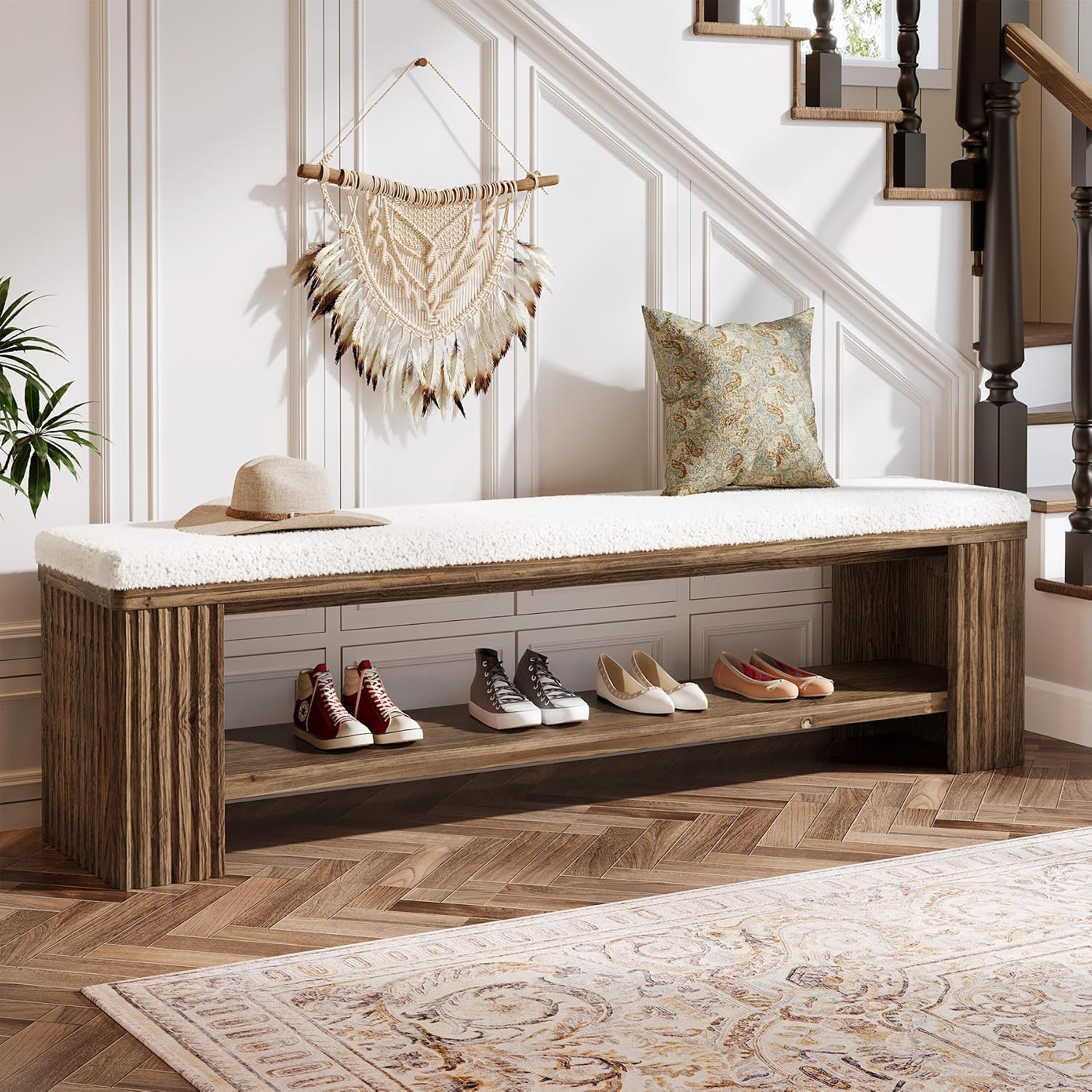 63" Solid Wood Entryway Bench, Farmhouse Upholstered End of Bed Bench with Removable Faux Lambswool Cushion and Fluted Legs, Indoor Long Ottoman for Bedroom, Entryway, Dark Brown