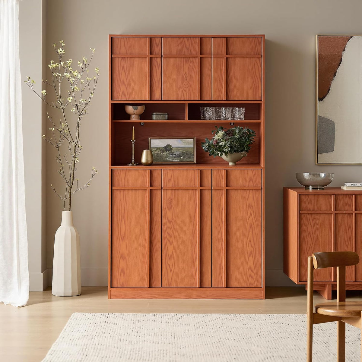 72" Pantry Cabinet, Tall Kitchen Pantry Storage Cabinet with Countertop, Adjustable Shelves, Mid Century Modern Wooden Kitchen Hutch with Skeleton Lines for Living Room, Dining Room, Cherry