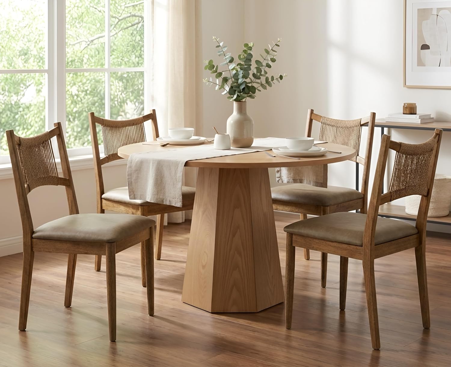RIVOVA Wooden Dining Chairs Set of 4 PU Leather Upholstered Dining Room Chairs Kitchen Side Chair with Woven Seagrass Back Farmhouse Dinner Chair, Brown