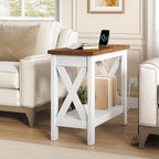 HOOBRO End Table with Charging Station, Farmhouse Narrow Side Table, 2-Tier with Storage Shelves, Slim Nightstand for Small Spaces, Living Room, Bedroom, White and Walnut WH360UBZ01