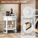 GOFLAME Round Side Table with Drawer, Retro 2-Tier Nightstand with Shelf & Wood Grains, Vintage Wooden Accent Table, Mid-Century Modern End Tables for Living Room, Bedroom, White