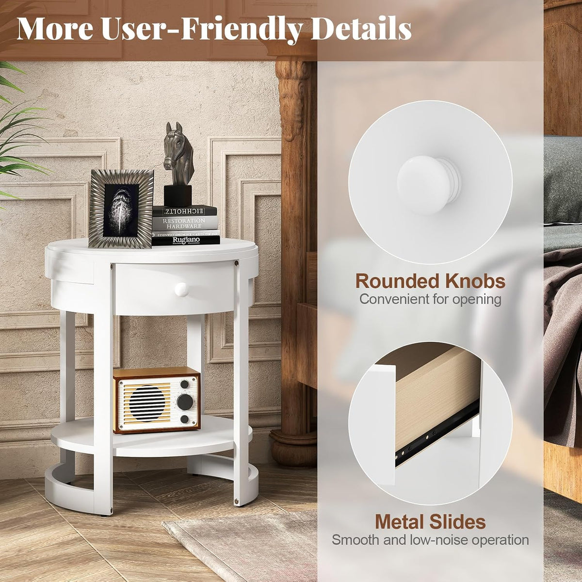 GOFLAME Round Side Table with Drawer, Retro 2-Tier Nightstand with Shelf & Wood Grains, Vintage Wooden Accent Table, Mid-Century Modern End Tables for Living Room, Bedroom, White