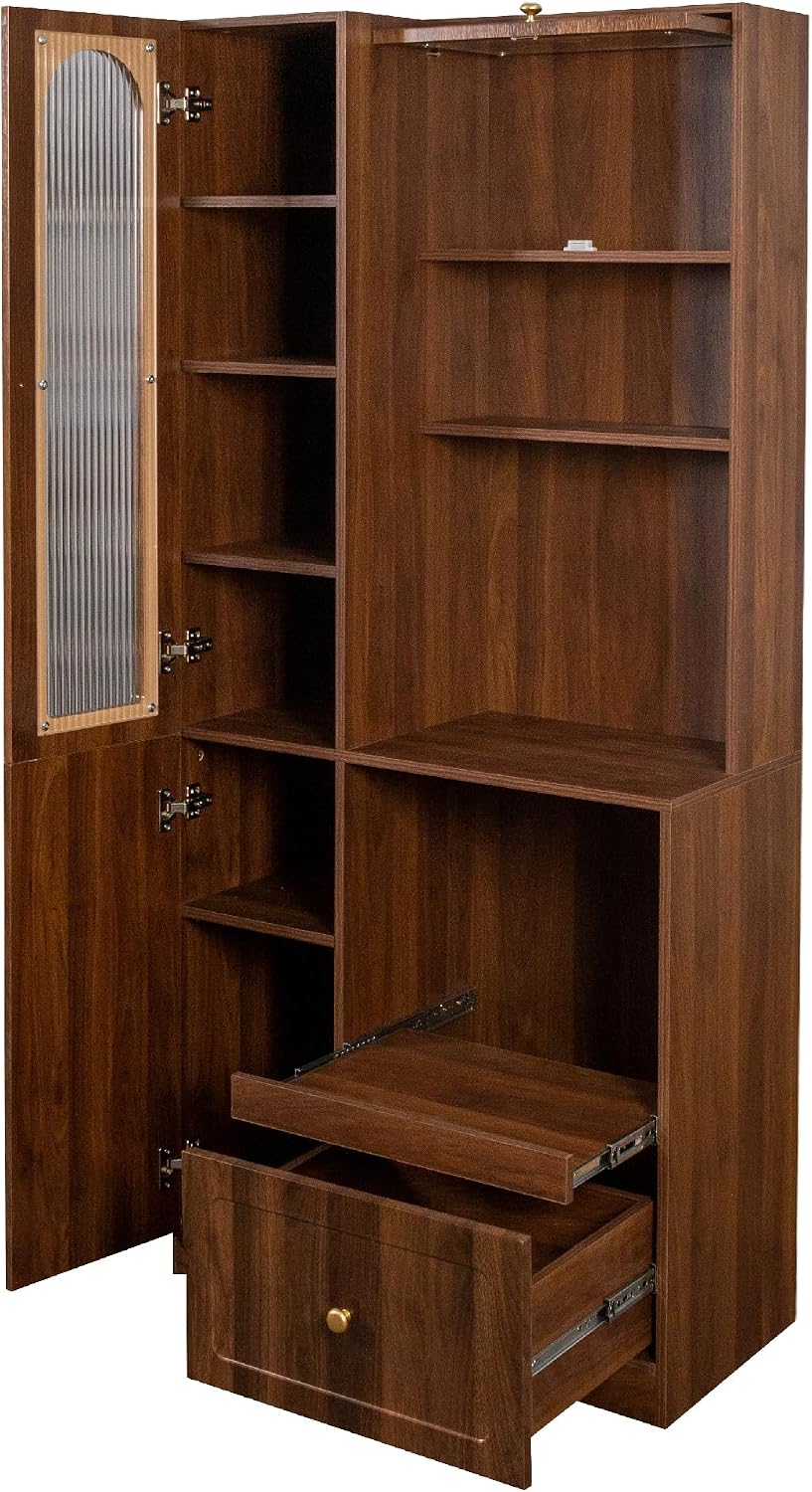 ZeHuoGe Modern Freestanding Kitchen Pantry Cabinet, Multi-Purpose Storage with 7-Layer Pull-Out Shelf, Expandable Pull-Out Organizer with Drawers & Cabinets, for Kitchen, Coffee Bar, Living Room