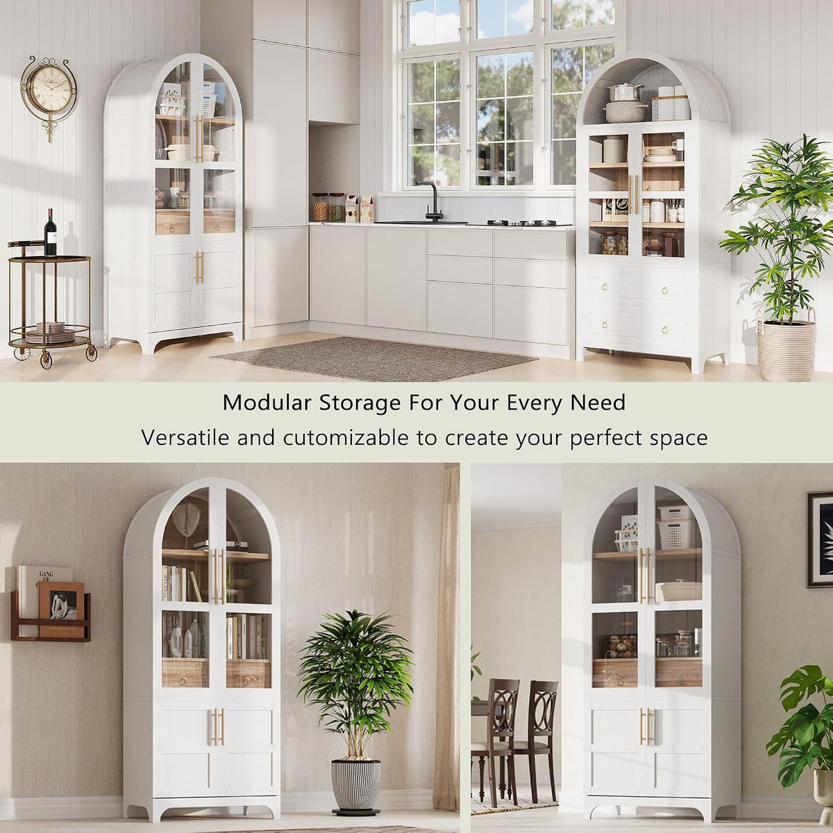 LUMISOL 71" Tall Arched Pantry Cabinet, Modern Kitchen Storage Cabinet with Doors, Wood Kitchens Storage Cabinet with 4-Tier Door Shelves & Drawer & Adjustable Shelves, White