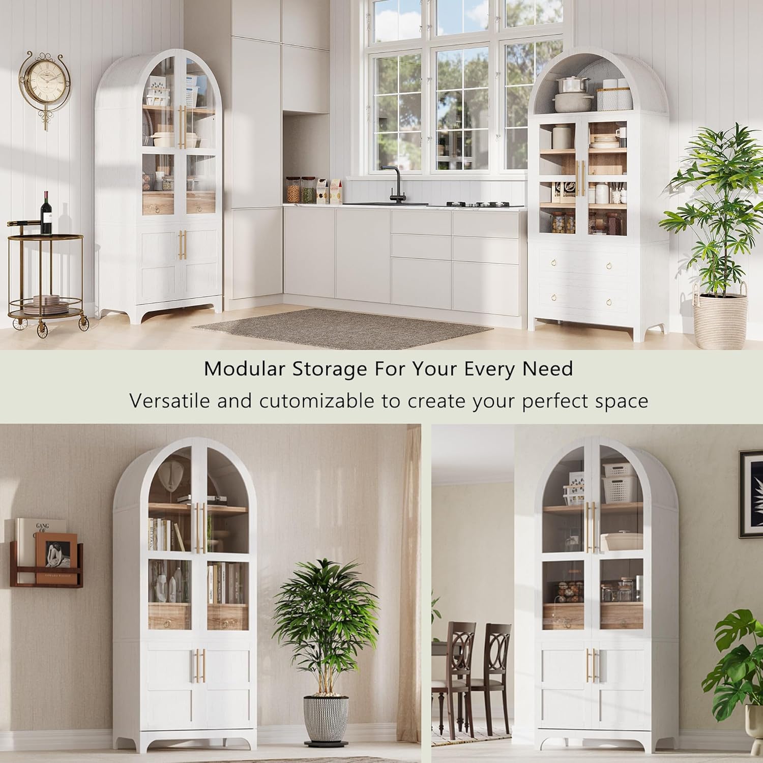 roomfitters 71" Pantry Cabinet with Arched Top & Glass Doors, 4-Door Storage Hutch with Adjustable Shelves for Kitchen, White