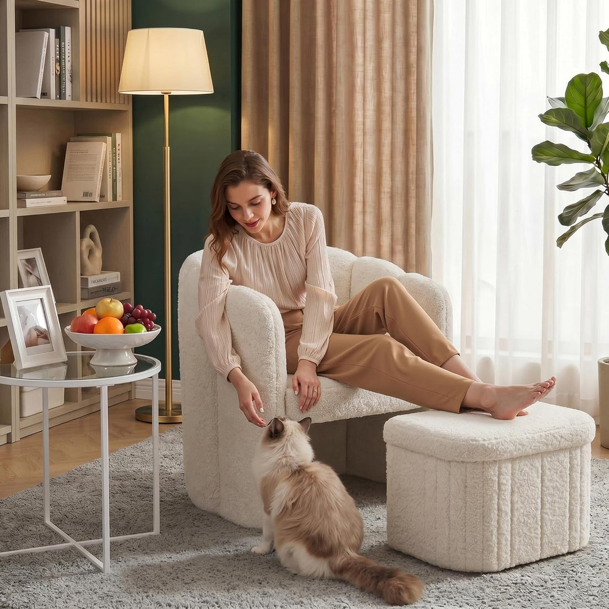 Homkdom Barrel Accent Chair with Storage Ottoman, Teddy Fleece Shell Back, Ergonomic Lumbar Support, Spring Foam Seat, 300 lbs, Reading Chair for Bedroom Living Room Home Office Creamy White