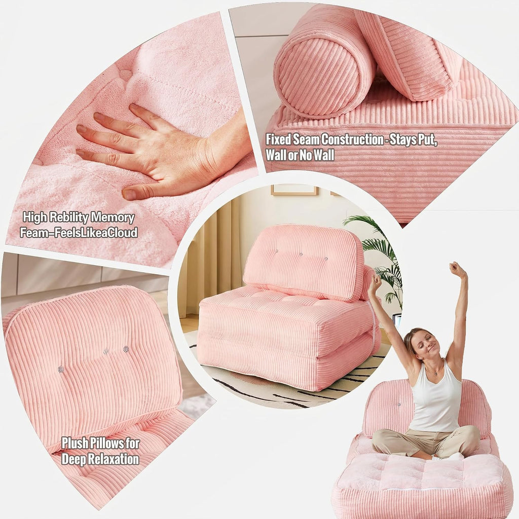 Folding Sofa Bed, Flannel Futon Couch Bed with Pillow and Blanket, Convertible Sleeper Chair for Living Room Bedroom, Pink