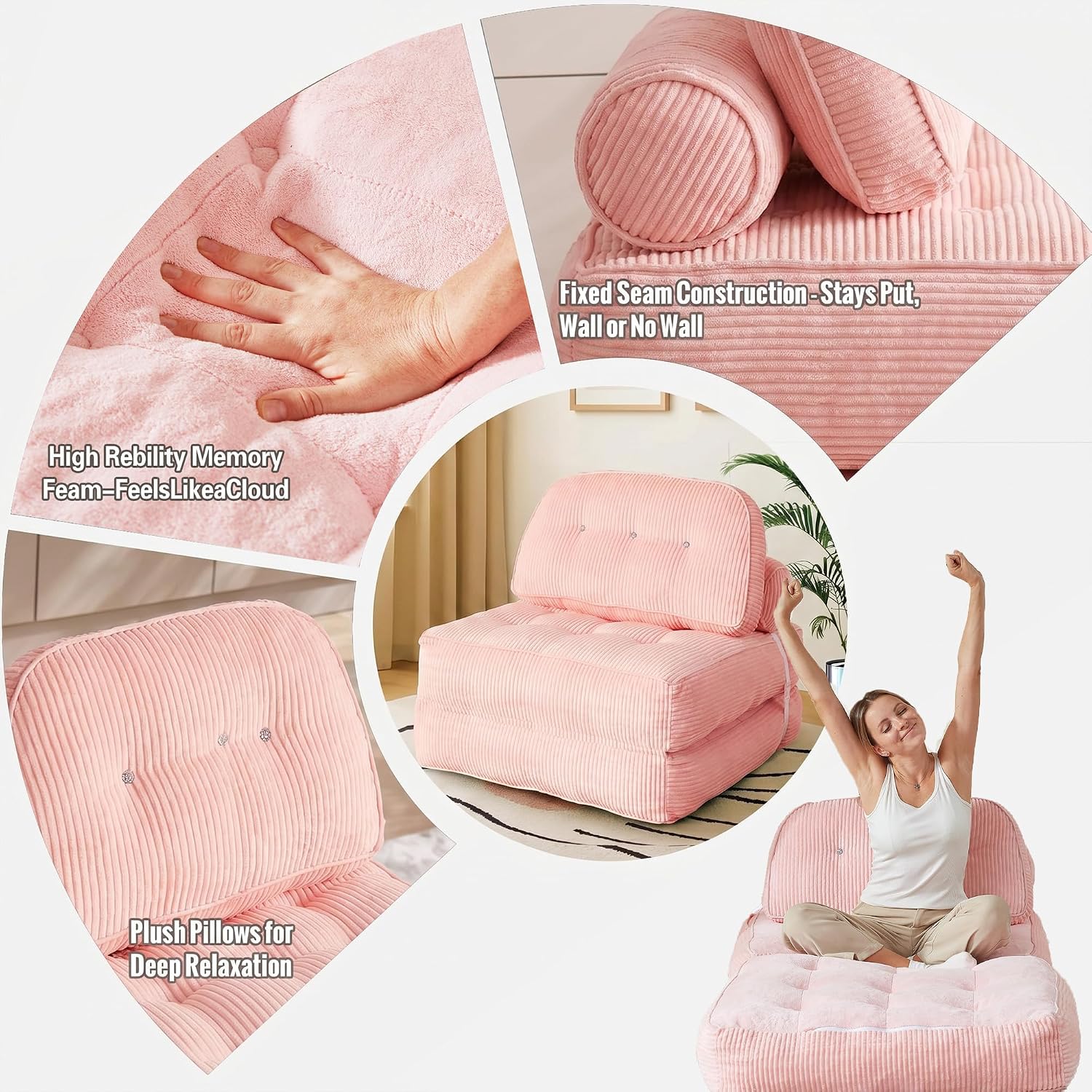 Folding Sofa Bed, Flannel Futon Couch Bed with Pillow and Blanket, Convertible Sleeper Chair for Living Room Bedroom, Pink