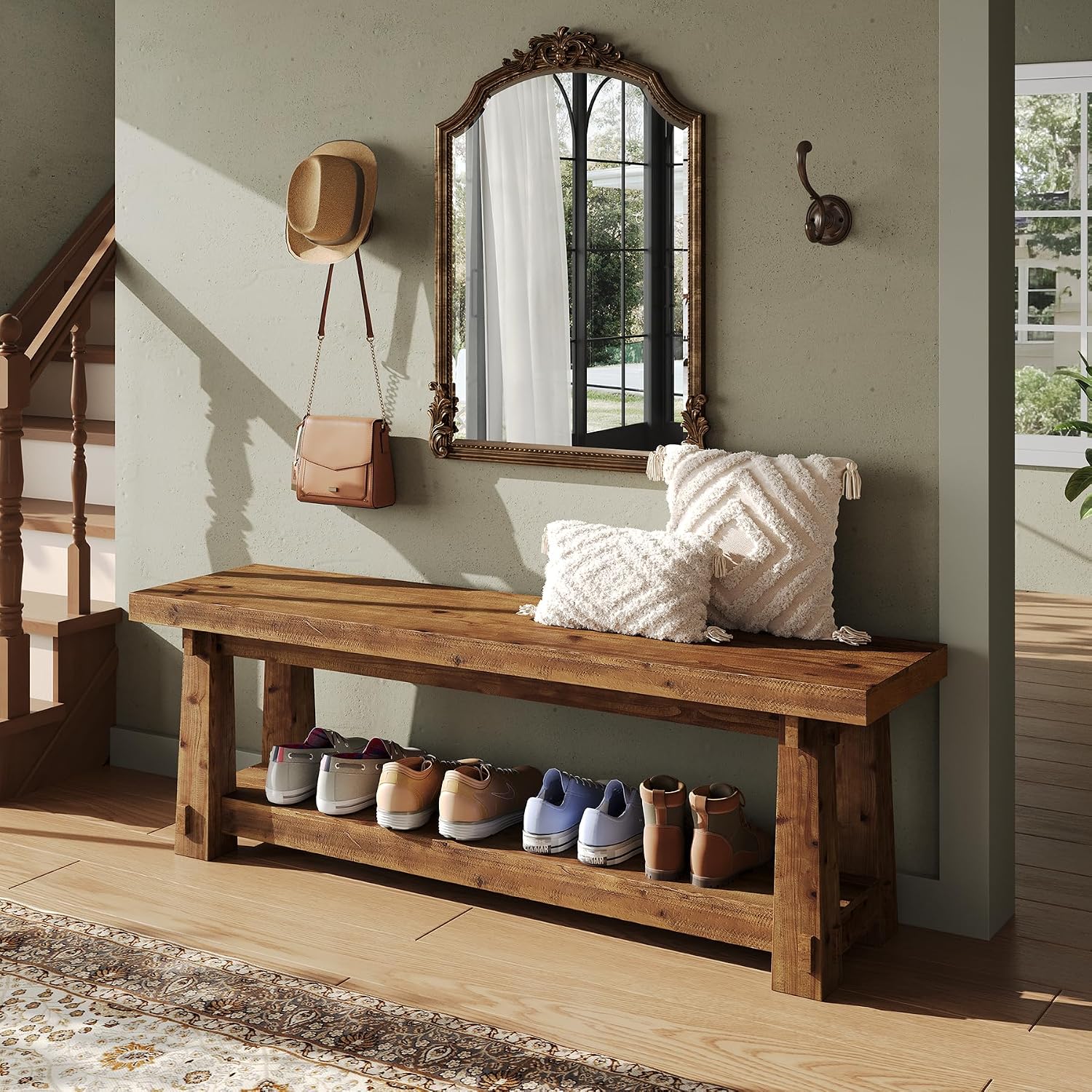 55" Solid Wood Entryway Bench with Shoe Storage, Rustic Wood Grain Shoe Rack Window Bench Seat for Foyer, Hallway, Mudroom, Bedroom, Easy Assembly (Rustic Wood)