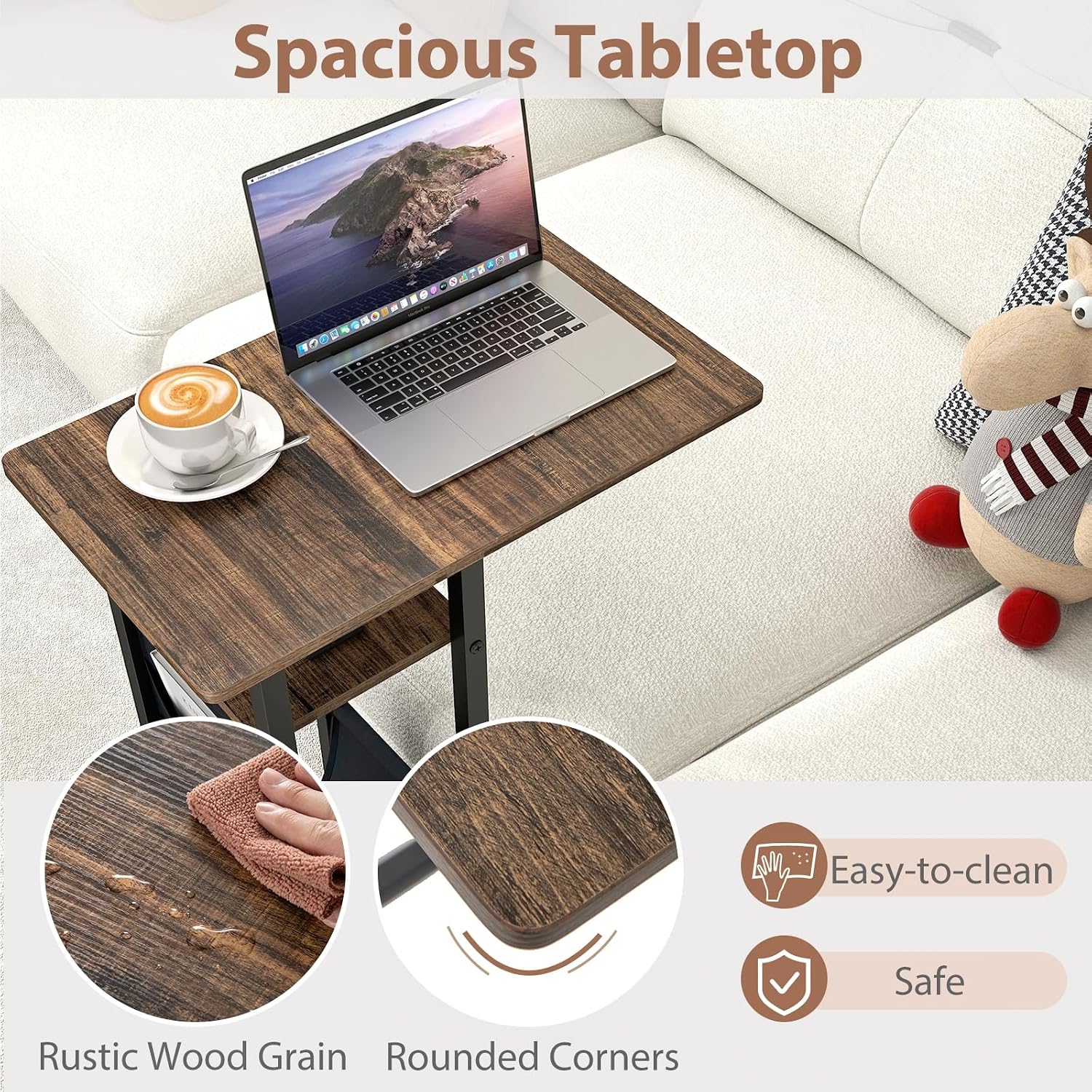 Giantex C Shaped End Table with Charging Station, 27’’H Slide Under Couch Side Table w/Wheels, Outlets & USB Ports, Storage Bag, Small Laptop Sofa TV Tray C Table for Living Room, Rustic Brown