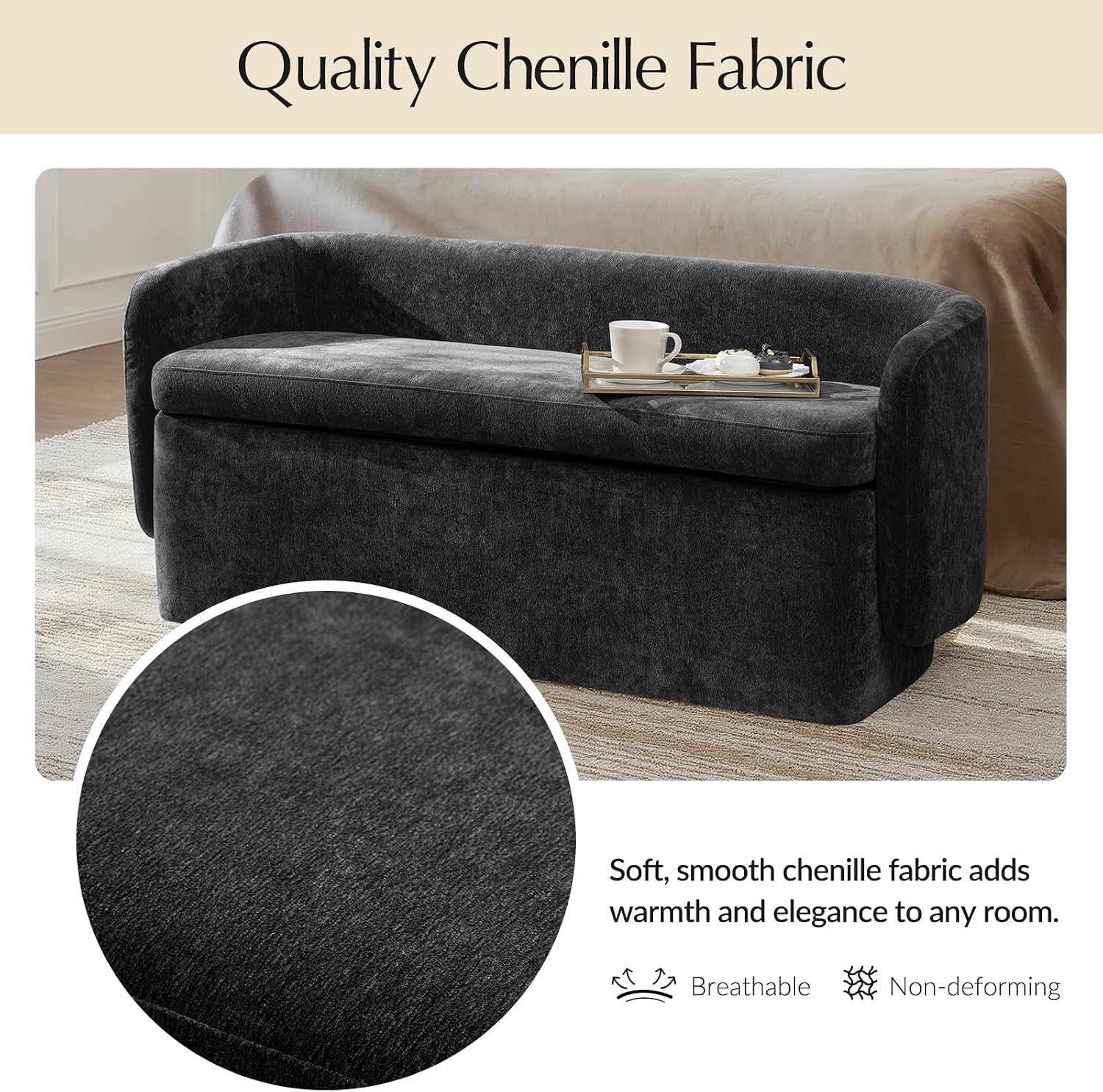 HULALA HOME 61" Bedroom Storage Bench with Low Backrest, Black | Upholstered Chenille End of Bed Bench, Large Storage Ottoman with Seating for Living Room