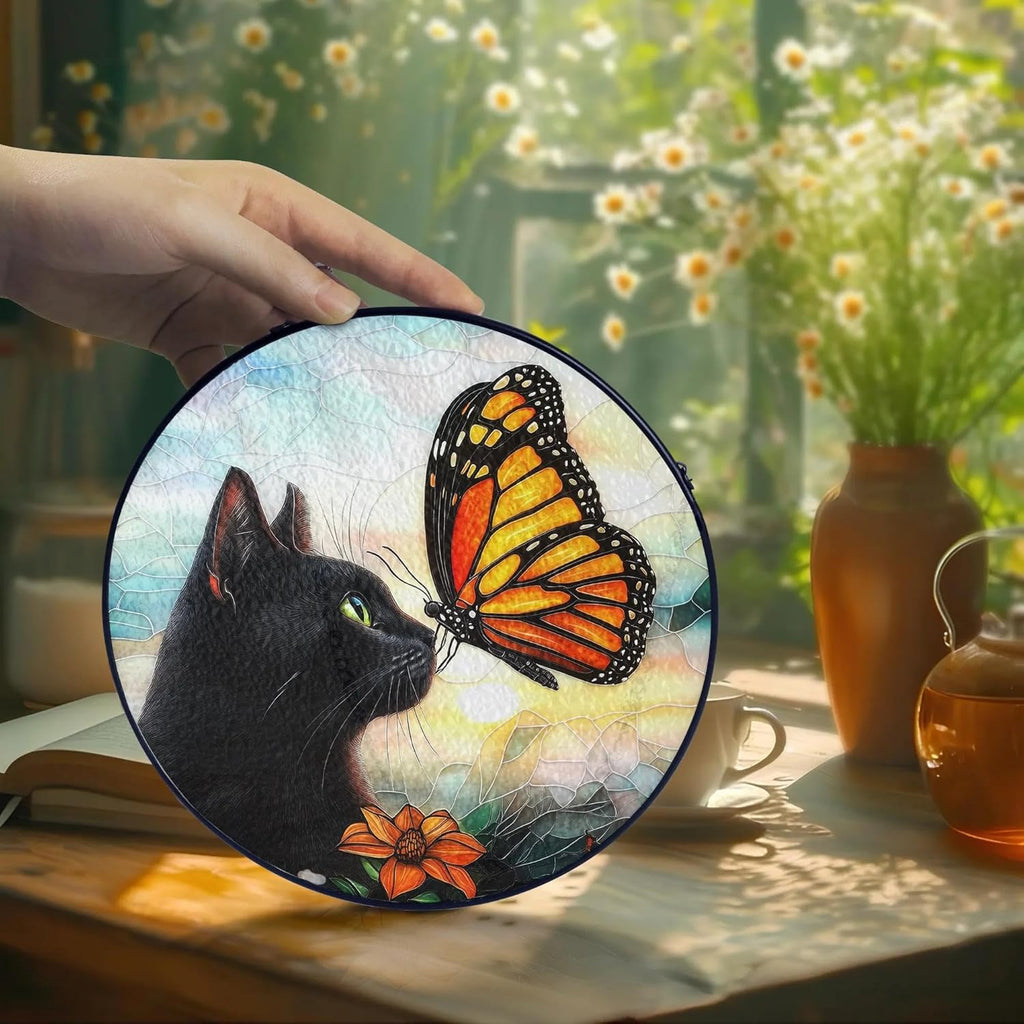 Black Cat Gifts, Cat Memorial Suncatcher Gift for Loss of Cats Butterfly Stained Glass Suncatcher Window Hanging Decor for Garden, Pet Loss Gift Christmas Birthday Sympathy Gifts for Pet Lovers Women