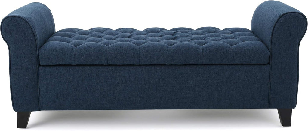 ‎GDF Studio Keiko Fabric Armed Storage Bench, Dark Blue, Dimensions: 19.75”D x 50.00”W x 20.5”H