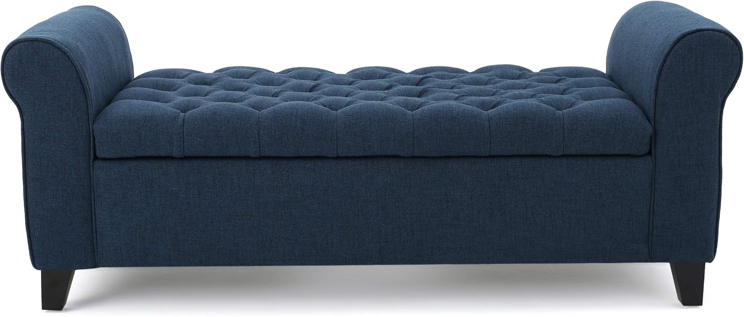 ‎GDF Studio Keiko Fabric Armed Storage Bench, Dark Blue, Dimensions: 19.75”D x 50.00”W x 20.5”H