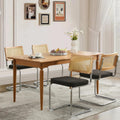 Rattan Dining Chairs Set of 4,Upholstered Mid-Century Modern Dining Room Chairs with Cane Backrest,Retro Linen Kitchen Chairs with Stainless Chrome Base,Black