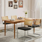 Rattan Dining Chairs Set of 4,Upholstered Mid-Century Modern Dining Room Chairs with Cane Backrest,Retro Linen Kitchen Chairs with Stainless Chrome Base,Black