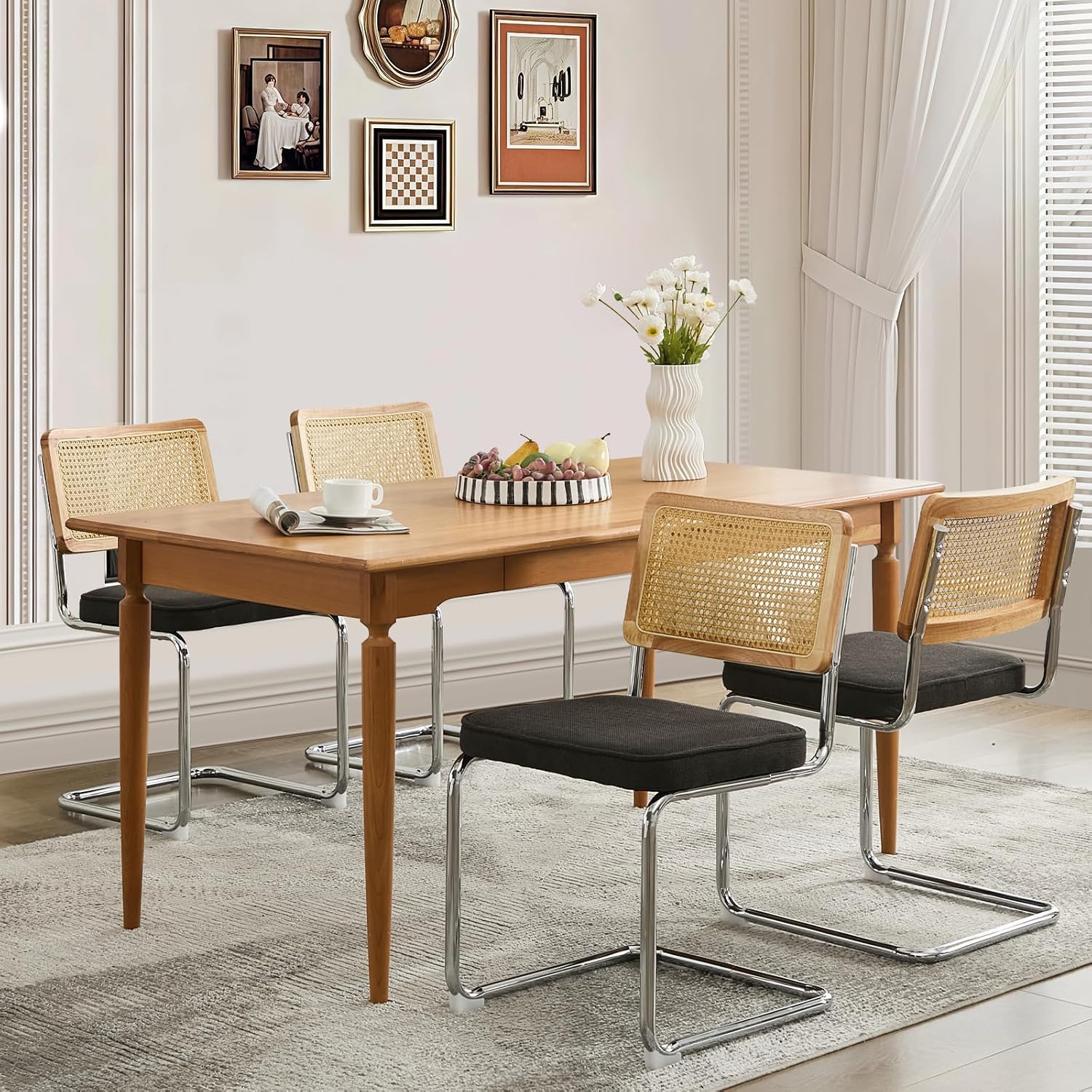 Rattan Dining Chairs Set of 4,Upholstered Mid-Century Modern Dining Room Chairs with Cane Backrest,Retro Linen Kitchen Chairs with Stainless Chrome Base,Black