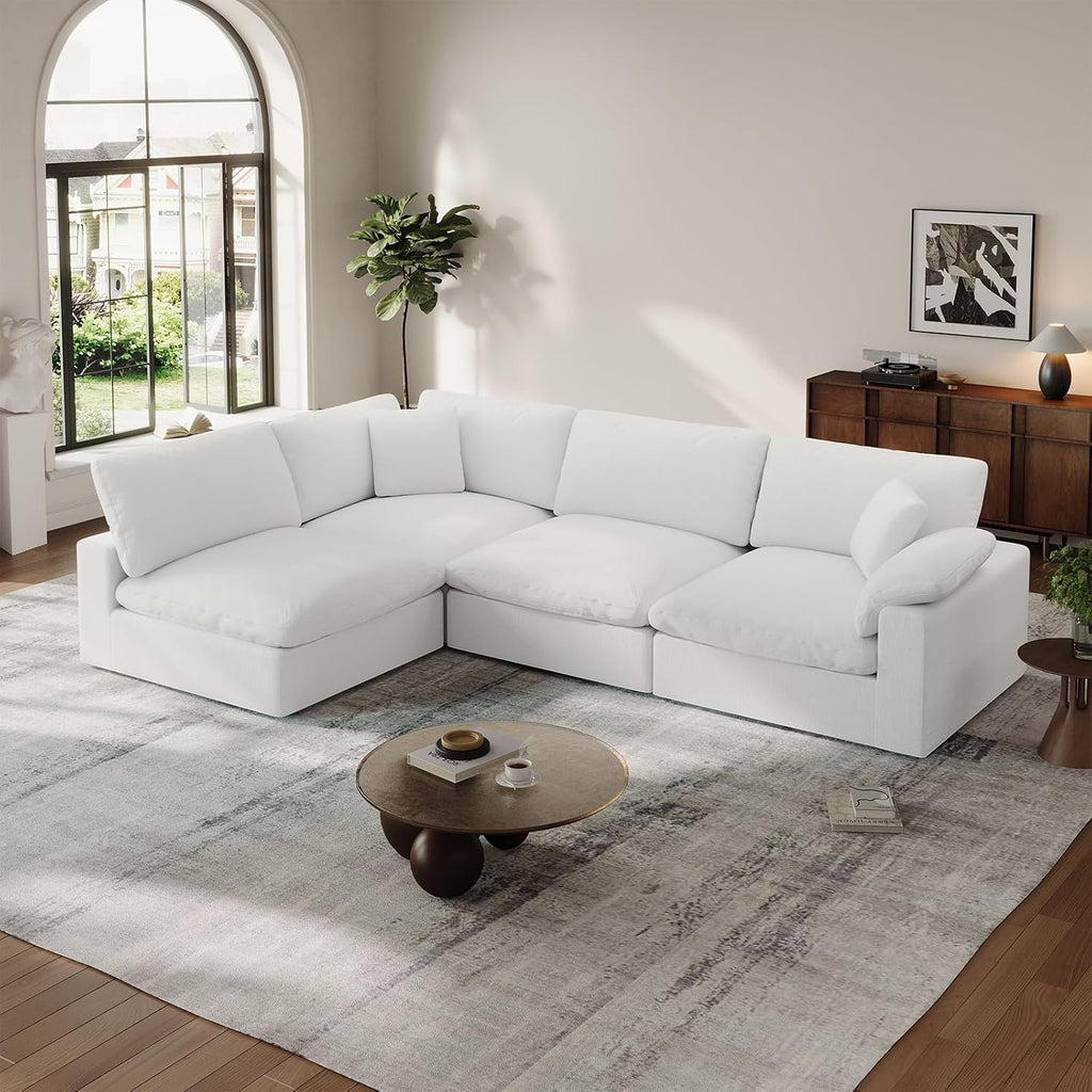 Cloud Modular Couch for Living Room,V Shape Linen Blend Sofas,Modern Deep Seat Cloud Sofas,Convertible Comfort Down Filled Sectional Couches,Removable Washable Cushion Covers,White