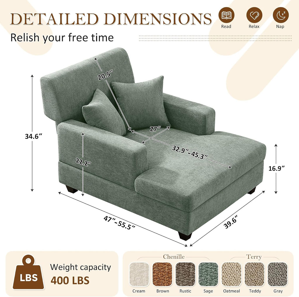 VANOMi 55.5" Chaise Lounge Chair with Adjustable Backrest, Chenille Sage