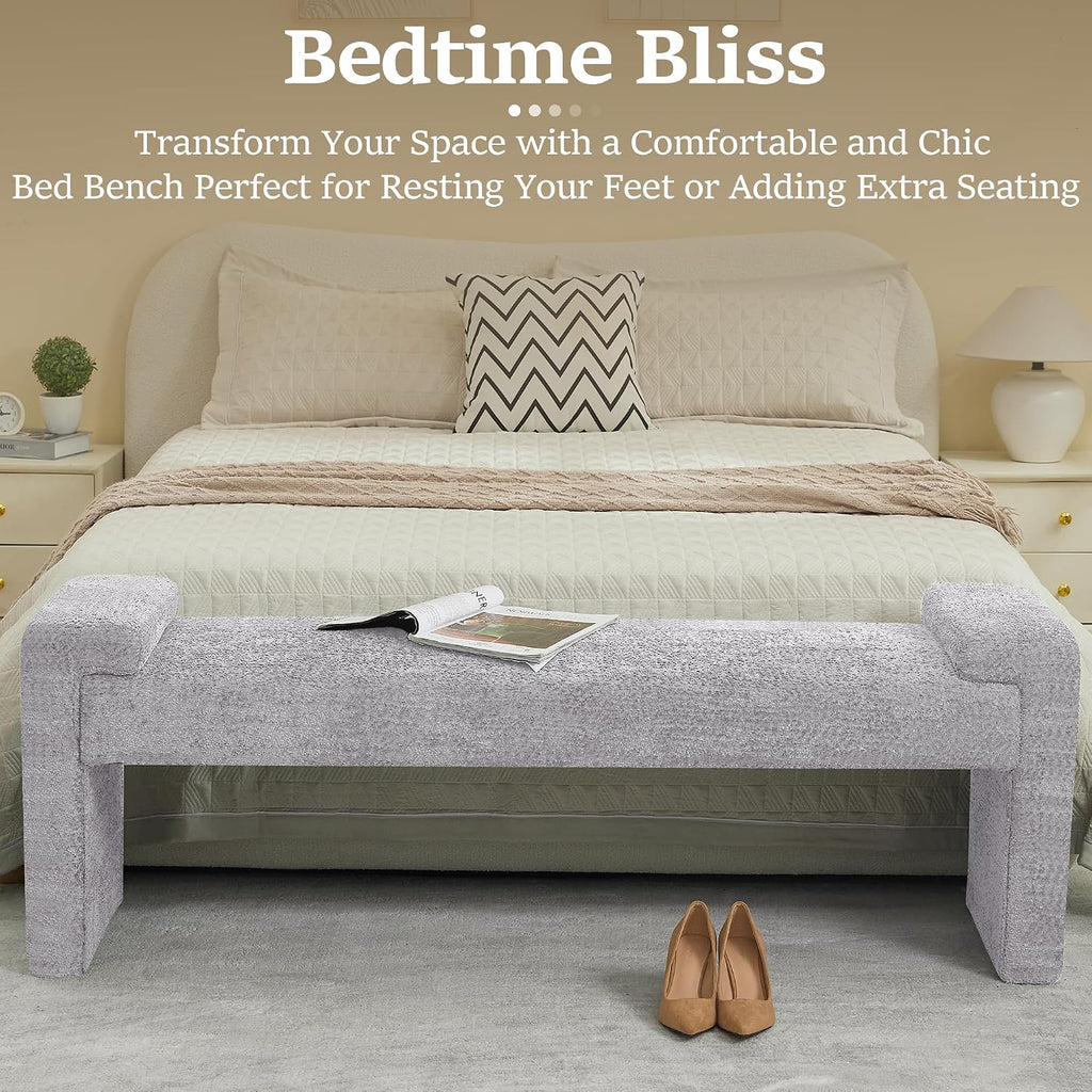 WUTUTUEE 58.7" End of Bed Bench Upholstered Modern Bedroom Bench for Living Room & Entryway, Easy Assembly, Footrest Ottoman Accent Window Bench with Solid Wood Frame & Curved Arm, Grey