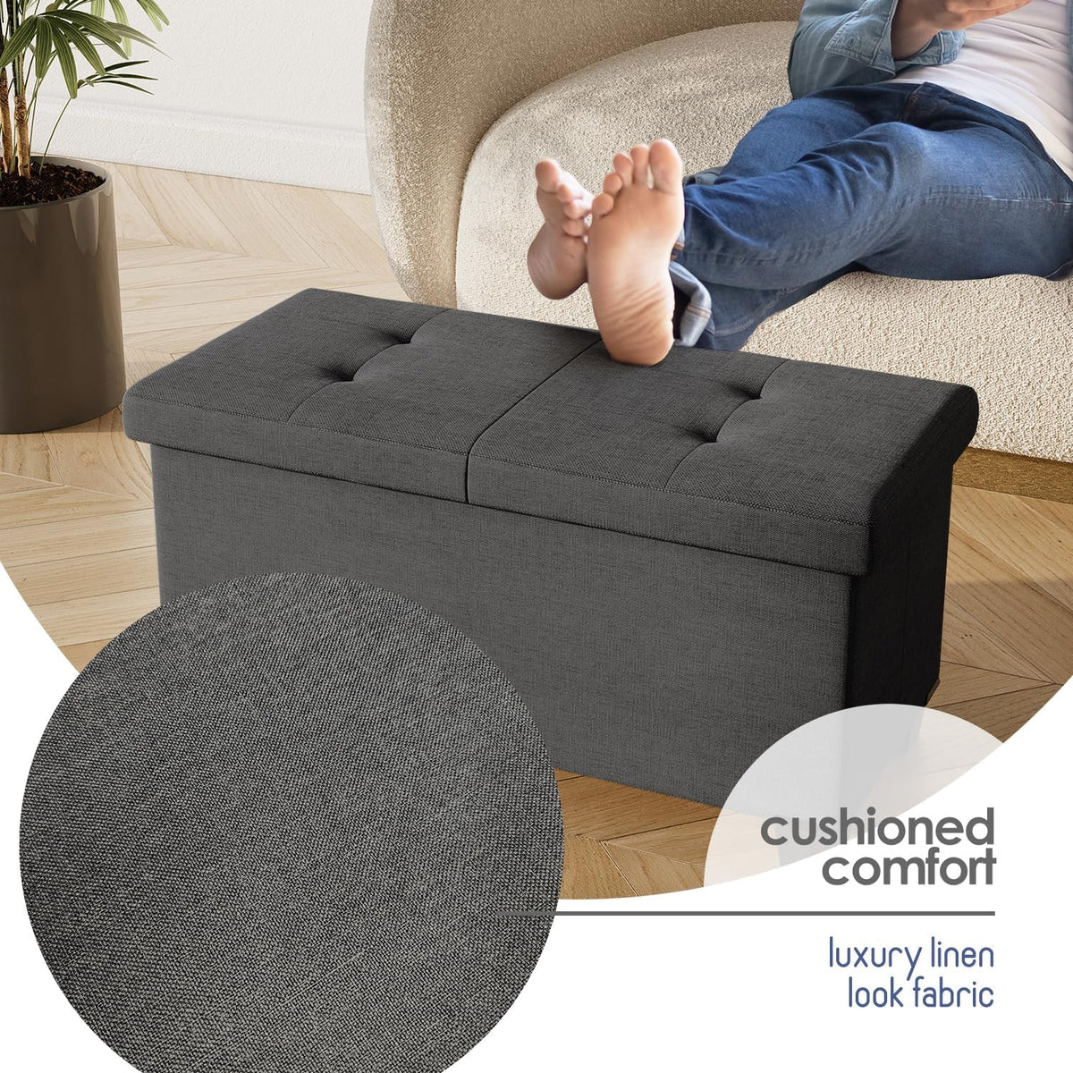 Storage Ottoman Bench with Bins, 30-in Storage Bench for Bedroom End of Bed, Folding Foot Rest Ottoman for Living Room Max 660lbs, Fabric Ottomans, Grey