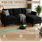JAMFLY 77" L-Shaped Corduroy Sectional Sofa with Storage Ottoman, Black | 660 Lbs Capacity, Easy Assembly, Removable Washable Covers, Side Pockets, Pet-Friendly Couch for Small Spaces