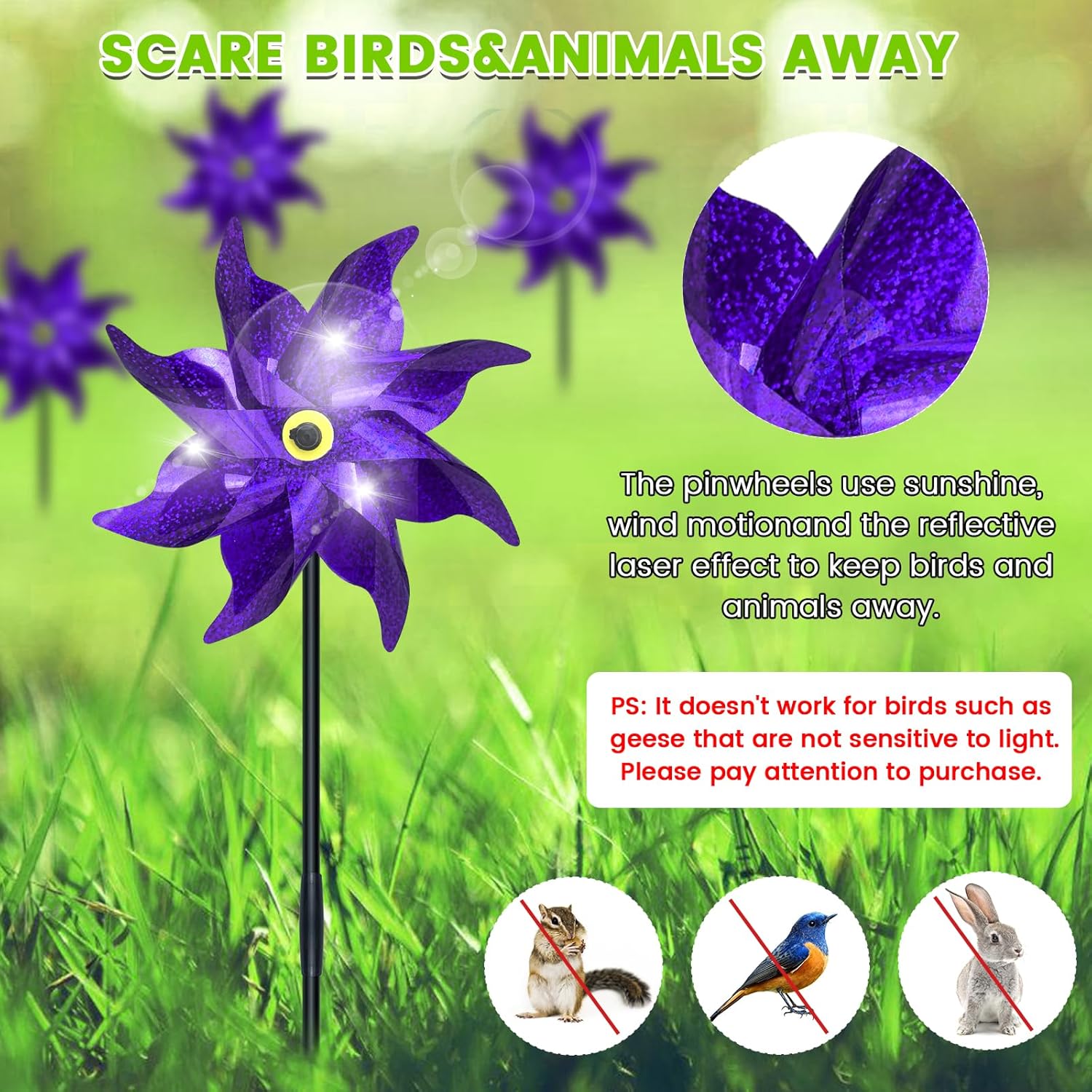 10 PCS Reflective Pinwheels for Yard and Garden Bird Devices Pre-Installed Sparkly Wind Spinner Deterrent to Scare Birds Away from Yard Patio Farm (Purple)