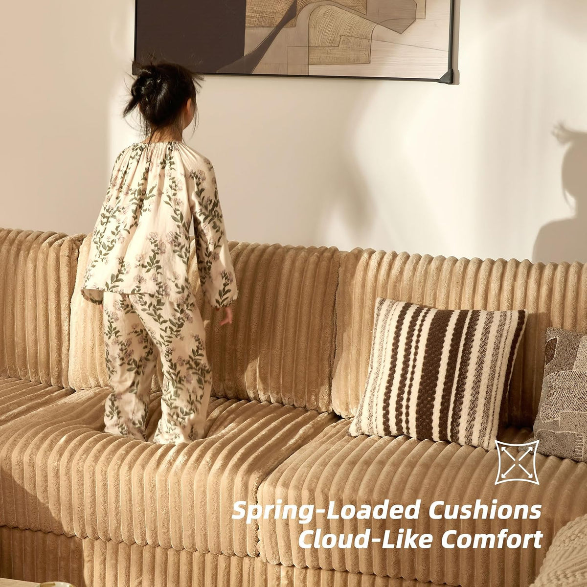 GOSUHI 139" U-Shaped Cloud Couch, Modular Sectional, Deep Seats, Camel | Pocket Spring Cushions, Oversized 7-Seater, Left Facing Chaise, Corduroy Upholstery Couches for Living Room