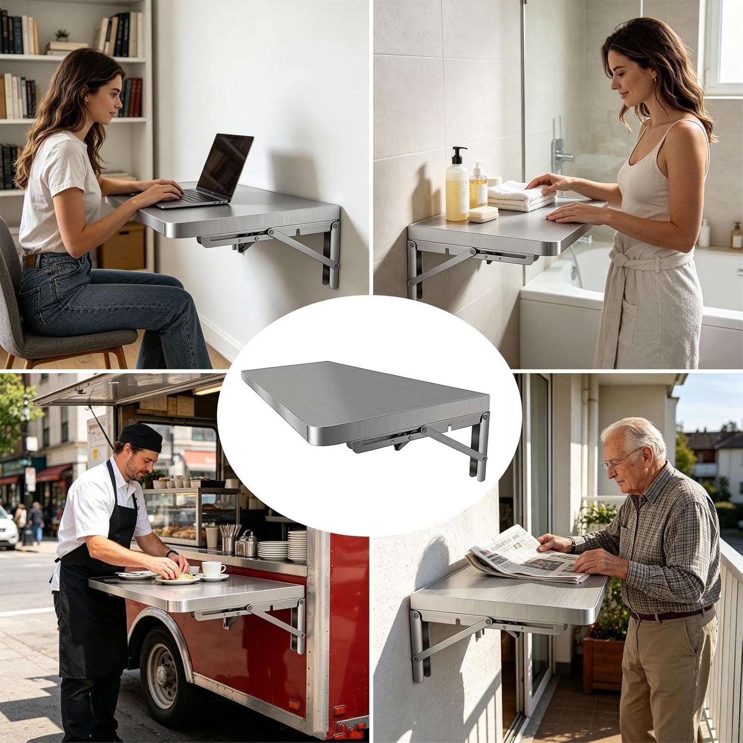304 Stainless Steel Wall Mount Folding Table 16 20 24 28 32 36 40 43 47 51 59 71in Kitchen Storage Shelf Drop Down Heavy Duty Foldable Wall Mount Shelving for Kitchen Balcony(50x40cm/19.7x15.7in)
