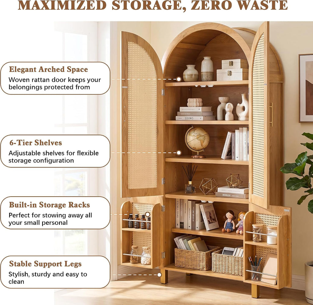 Merax 71'' Tall Farmhouse Rattan Arched Storage Cabinet | Boho Style Pantry Cabinet, Open Countertop, Rattan Doors & Adjustable Shelves, Arched Cabinet for Kitchen Dining Room