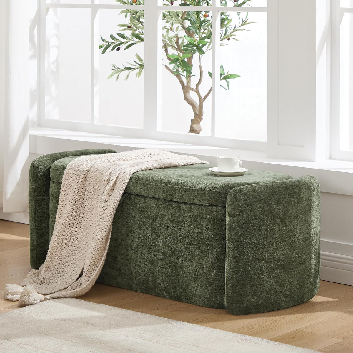 Oval Ottoman Bench with 20 Gal of Storage Space Upholstered Chenille Seat End of Bed Storage Bench Storage Ottoman with Storage for Bedroom, Living Room, Entryway, Window(Green)