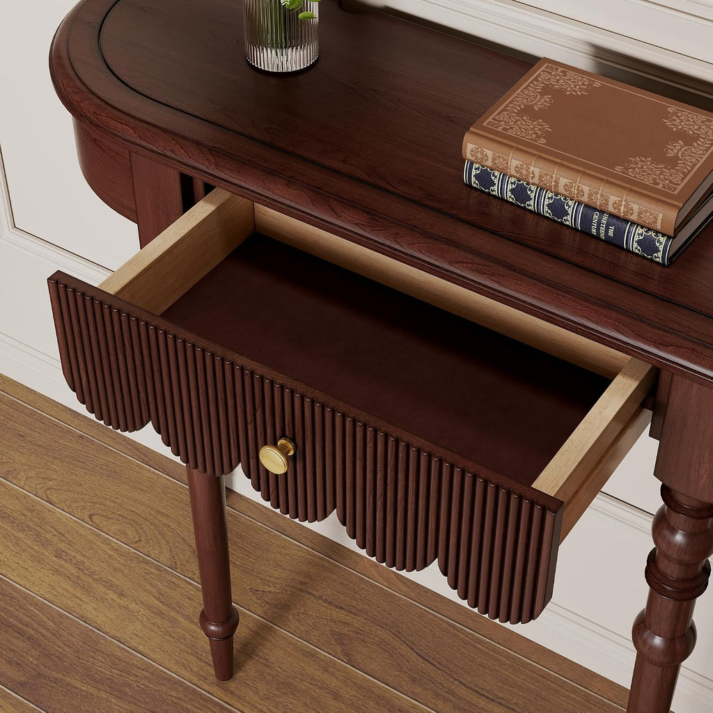 Solid Wood Console Table with Drawer – Dark Walnut Entryway Table with Scalloped Edge and Straight Legs, Narrow Accent Sofa Table for Living Room or Hallway(Dark Walnut)