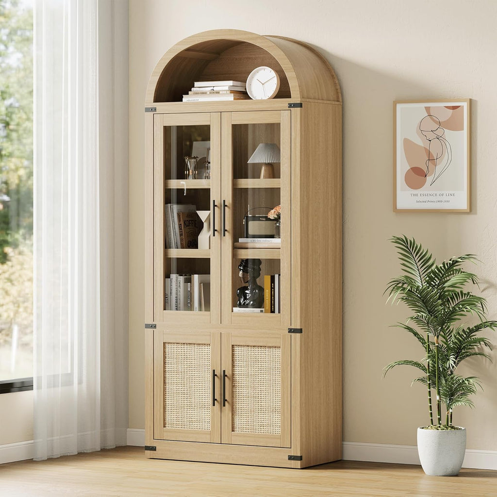 Kitchen Pantry Cabinet, Arched Bookcase with Doors, Wooden Display Cabinet with Storage Shelves, Farmhouse Bookcase for Living Room, Kitchen, Dining Room & Office