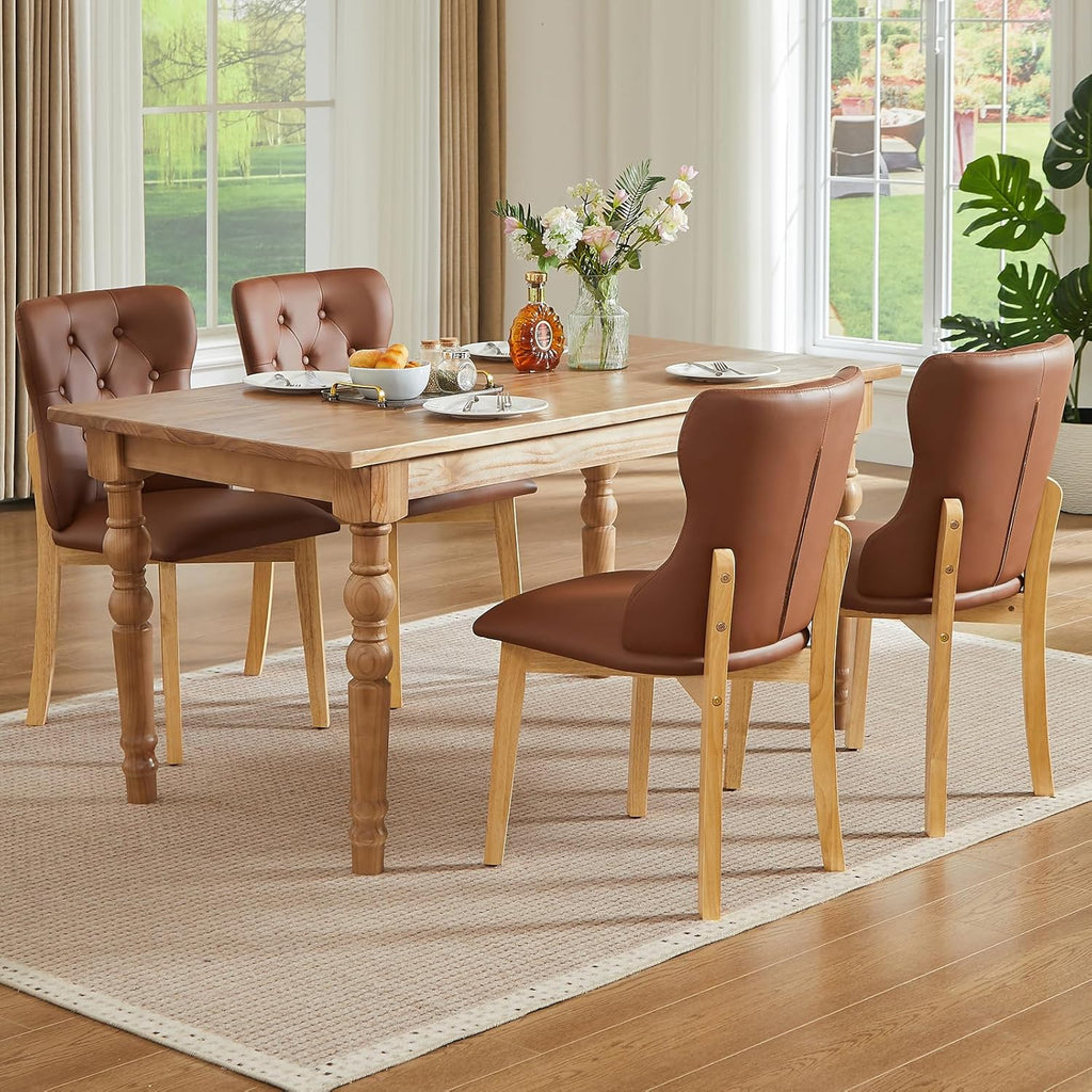 Faux Leather Dining Chairs Set of 4, Upholstered Dining Room Chair with Button Tufted, Solid Wood Legs, Mid Century Modern, Luxury Wingback Side Chair for Living Room, Kitchen, Restaurant, Brown