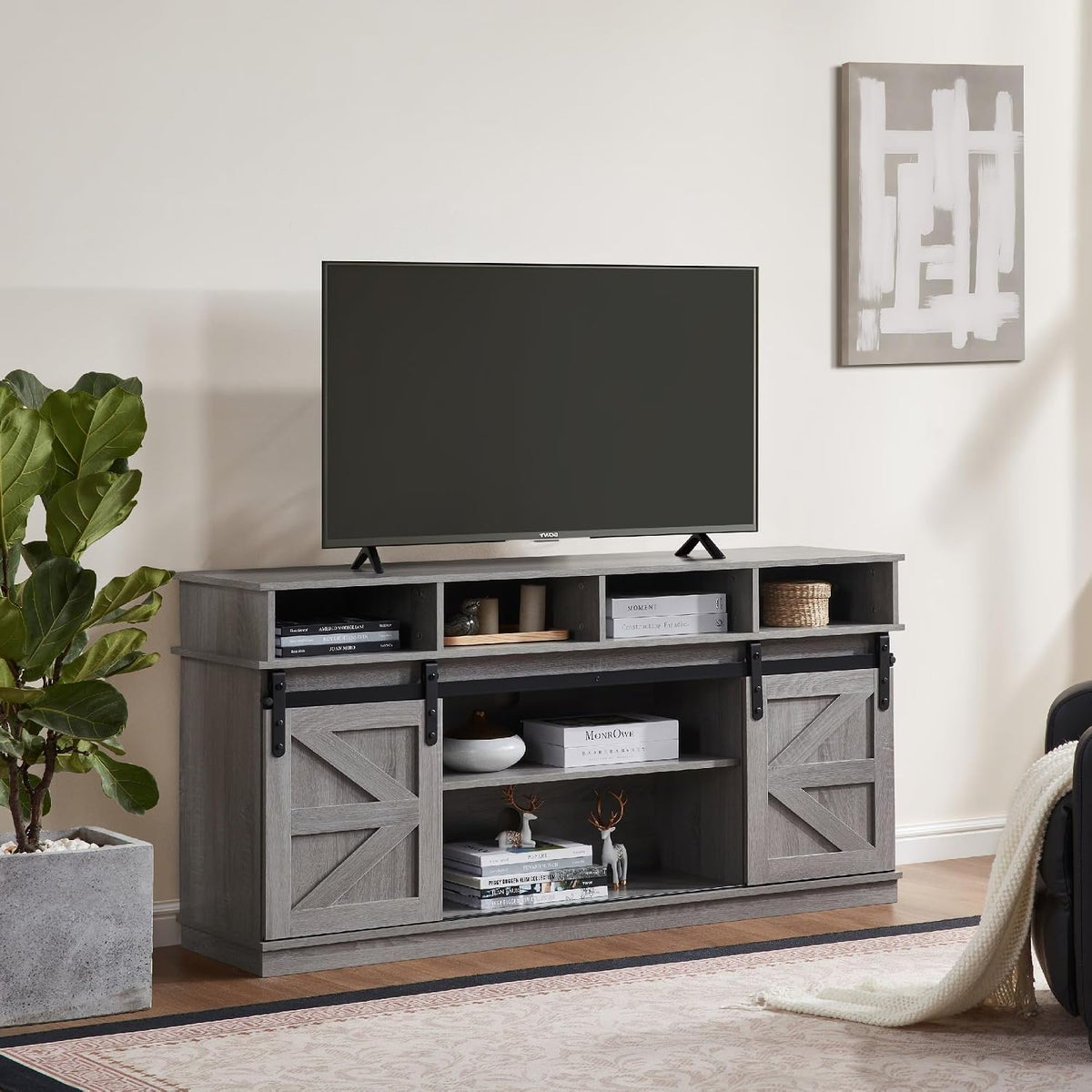 TV Stand Sliding Barn Door Modern&Farmhouse Wood Entertainment Center, Storage Cabinet Table Living Room with Adjustable Shelves for TVs Up to 65" (Gray, Farmhouse with Open Shelf)
