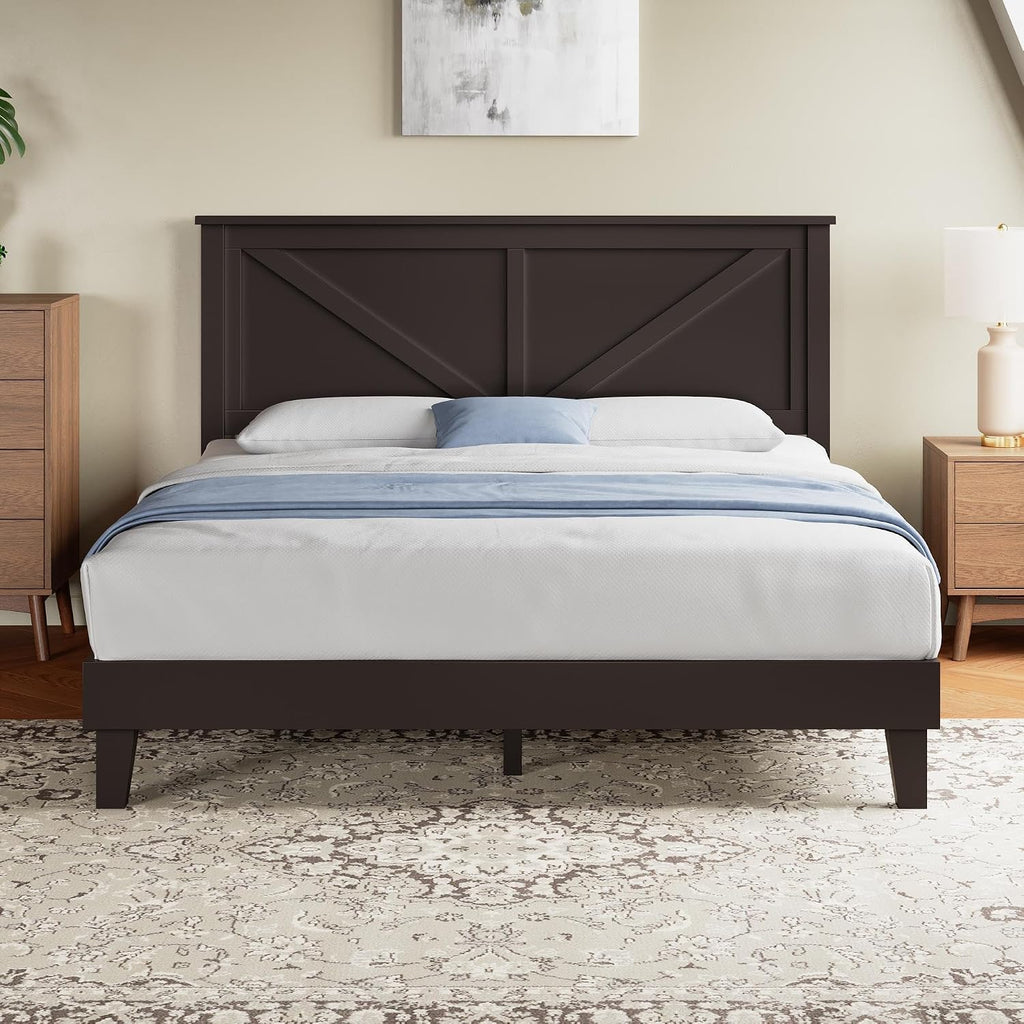 Yaheetech Queen Size Platform Wood Bed Frame, Farmhouse Headboard, Espresso