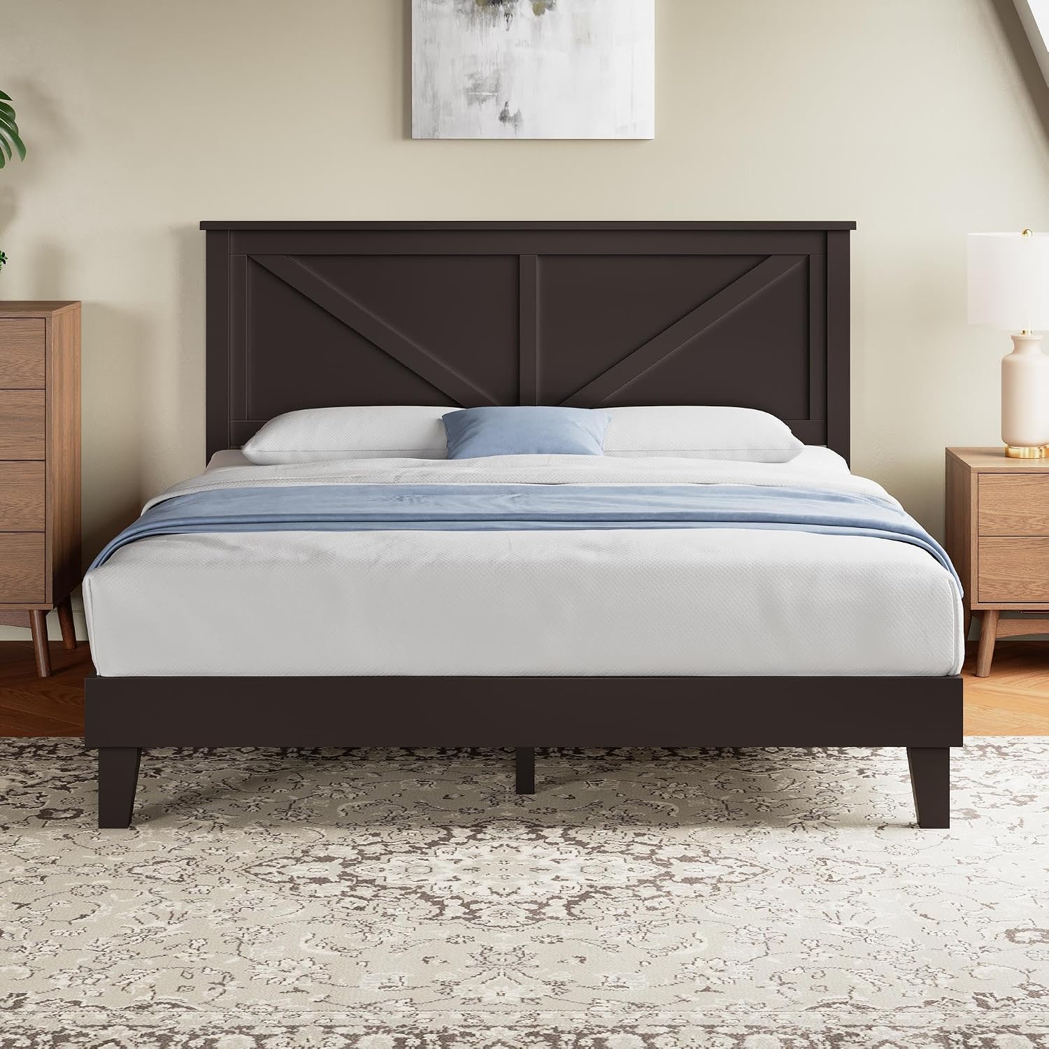Yaheetech Queen Size Platform Wood Bed Frame, Farmhouse Headboard, Espresso