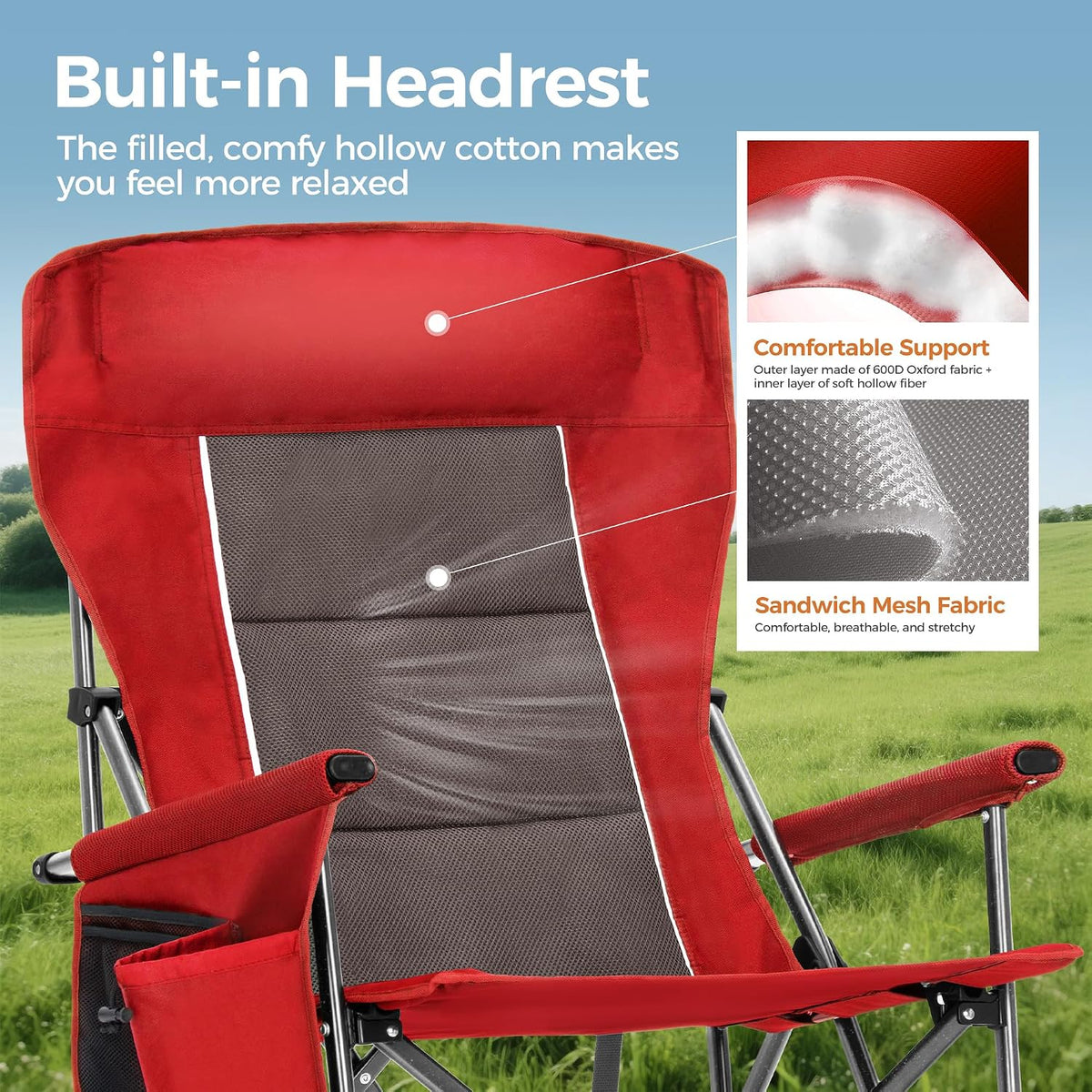 ALPHA CAMP Heavy Duty Camping Chairs with Cup Holder Oversized Folding Chair 500LBS Capacity Outdoor Chair with Headrest,Lawn with Side Pocket for Lawn, Sports and Fishing