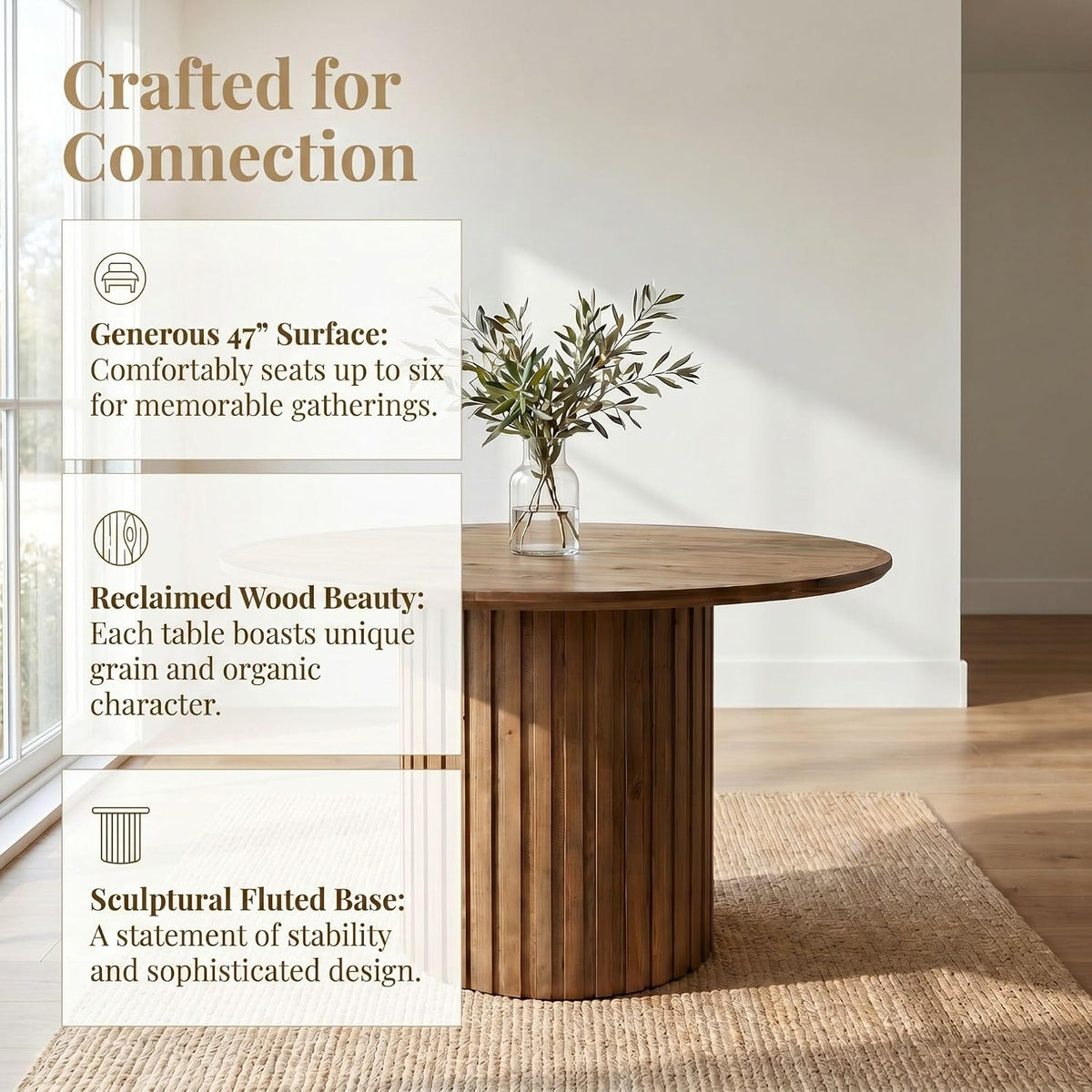 Reclaimed Round Pedestal Dining Table for 4-6 People, 47 Inch Wood Farmhouse Kitchen Table with Fluted Base, Rustic Circular Dining Table for Dining Room, Kitchen & Restaurant, Walnut