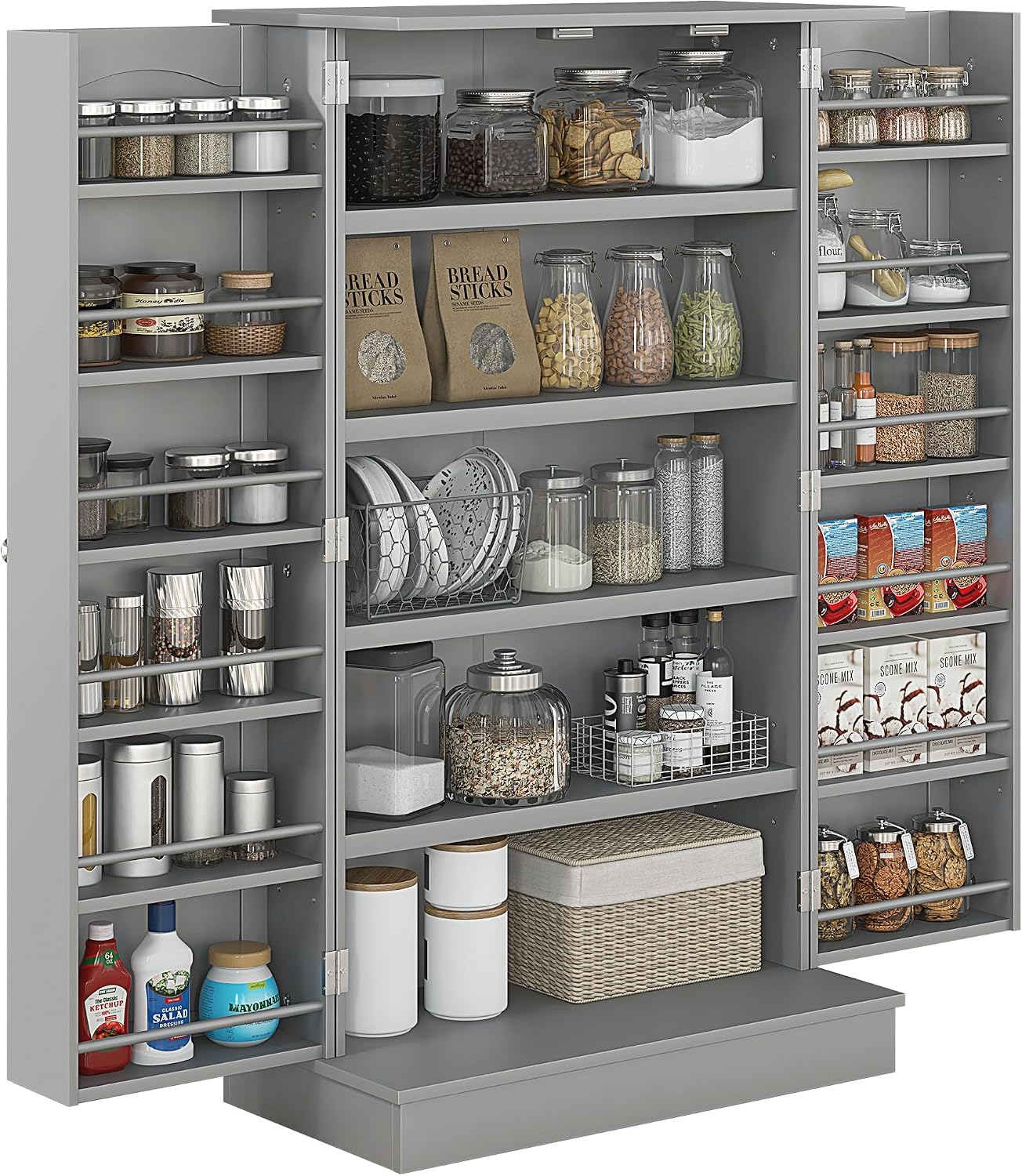41" Paper Gray Kitchen Pantry Cabinet Freestanding Vertical Cupboard with Double Doors 5-Tier Interior Shelves & 12 Door Racks Adjustable Storage