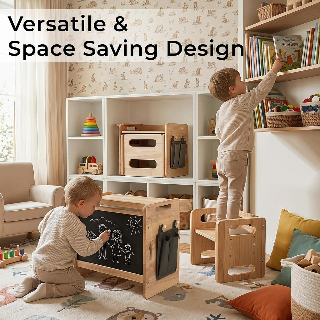 Rubber Wood Montessori Table and Chair,Toddler Tower Set, Wooden Kids Activity Toddler Table and Chair with Adjustable Height, Ideal for Eating, Reading, Drawing, Step Stool (Rubber Wood)